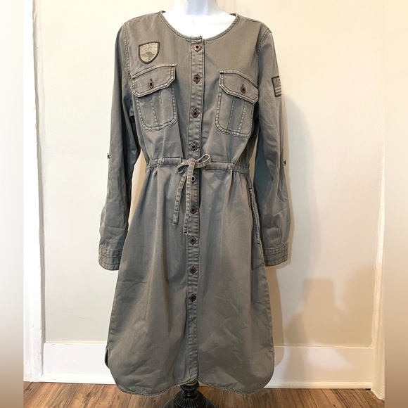 RED JEANS NYC Premium Vintage Clothing Roll Tab Sleeve Military Utility Dress L - Picture 2 of 16